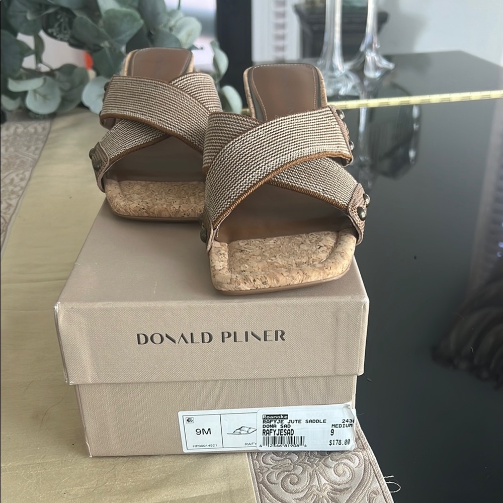Donald J. Pliner Tan Cross-Band Cork Slide Mules